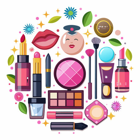 Colorful makeup products arranged in a circle on a white background.のイラスト素材