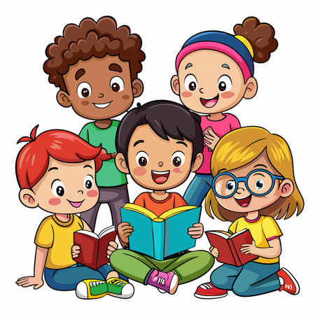 Four diverse kids, smiling and sitting, reading books, on a white background.のイラスト素材