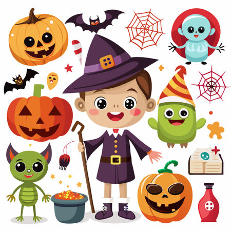 Cute Halloween Witch with Pumpkins and Monsters.のイラスト素材