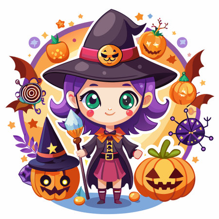 Cute cartoon witch holding a magic stick with pumpkins and stars on a white background.のイラスト素材