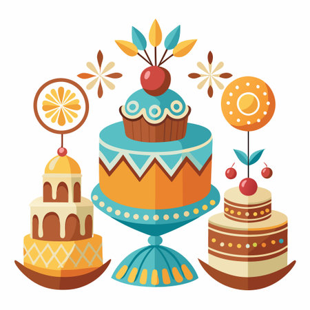 Three colorful decorated cakes on plates with floral elements isolated on white background.のイラスト素材