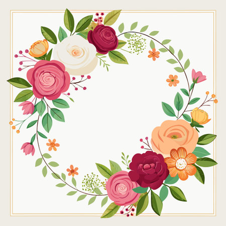 Floral wreath with colorful flowers and green leaves.のイラスト素材