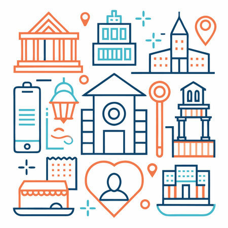 Colorful line art icons for city, buildings, and landmarks.のイラスト素材