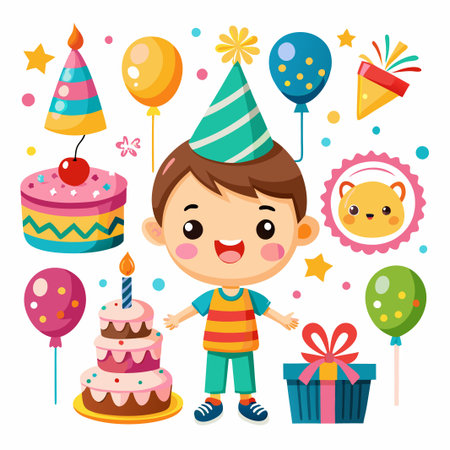 Happy boy celebrating birthday with cake, balloons, and gift.のイラスト素材