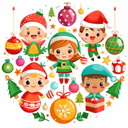 Four cute elves surrounded by Christmas ornaments and decorations.のイラスト素材
