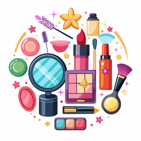 Makeup kit with mirror, lipstick, eyeshadow, brushes, and foundation.のイラスト素材