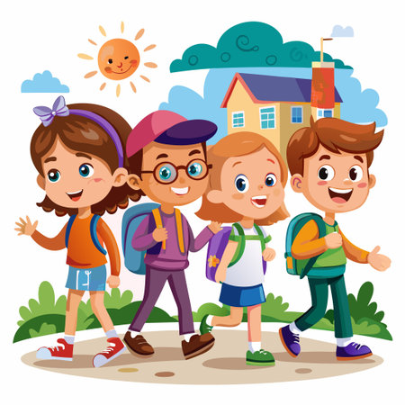 Happy kids with backpacks walking to school together.のイラスト素材