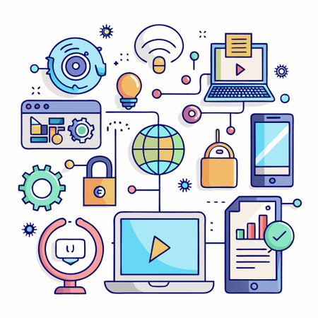 Network of connected devices and technology with icons like data, robot, security, and .のイラスト素材