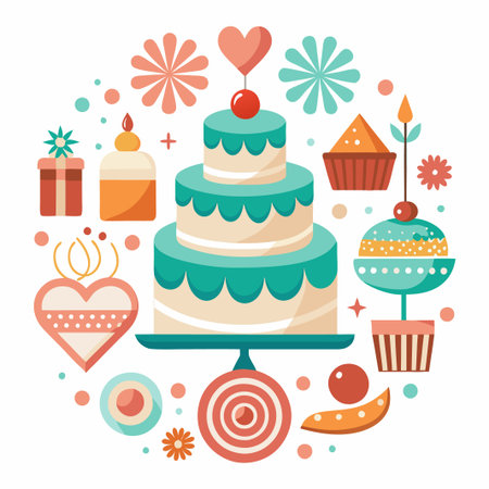 Festive Birthday Cake with Gifts and Cupcakes.