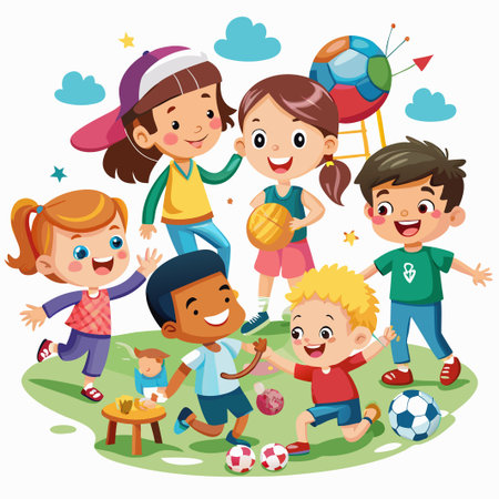 A group of happy kids playing with balls and a colorful ladder outside.のイラスト素材