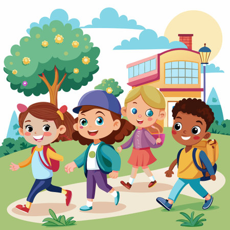 Four happy children walk to school together on a sunny day.のイラスト素材