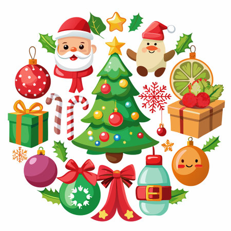 Christmas ornaments, presents, and a decorated tree with Santa and snowman around a circle.のイラスト素材