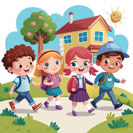 Four children with backpacks walking to school in the morning.のイラスト素材