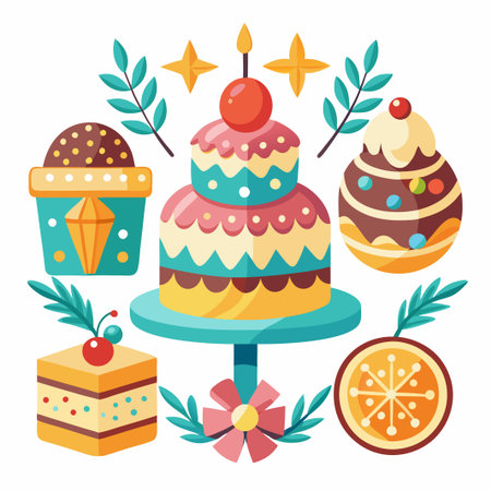 Delicious cakes and pastries decorated with cherries and leaves.のイラスト素材