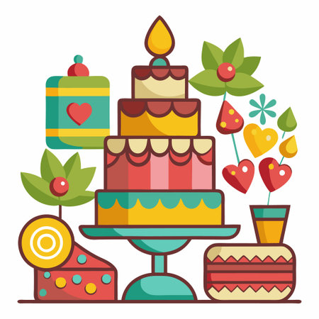 A colorful illustration of a four-tiered birthday cake with a single lit candle and a flower pot...