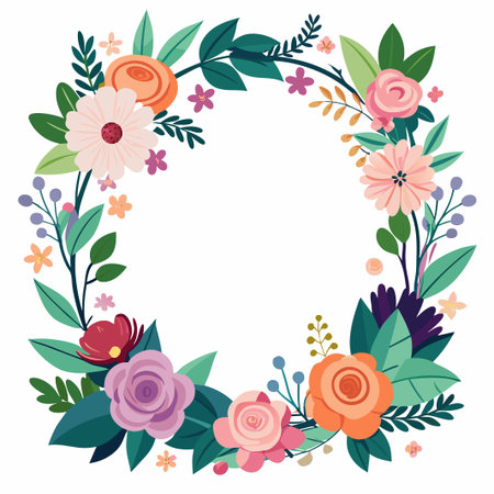 Colorful Floral Wreath Border with White Background.のイラスト素材