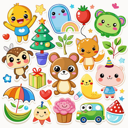 Colorful stickers with cartoon animals, objects, and a Christmas tree.のイラスト素材