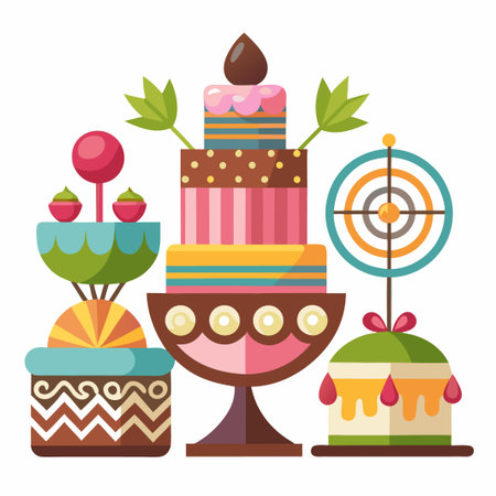 A colorful illustration of a variety of sweet treats, including cakes, cupcakes, and lollipops, on a...