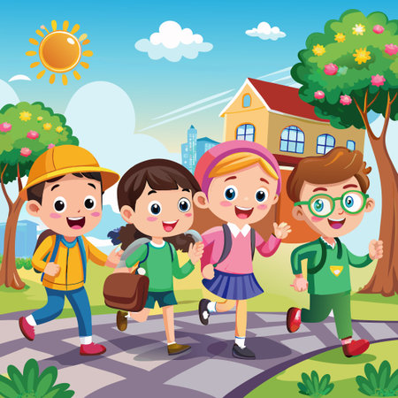 Four happy kids walk to school together, carrying backpacks and smiling.のイラスト素材