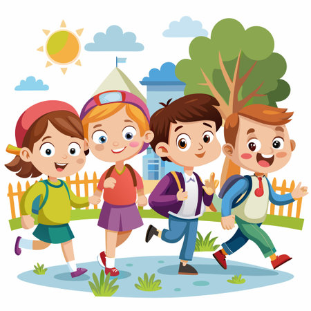 Happy kids walking to school together.のイラスト素材