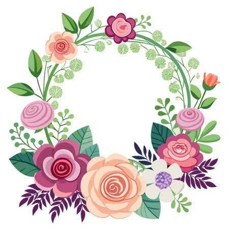 Colorful floral wreath with pink, purple, and orange flowers and green leaves.のイラスト素材