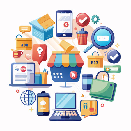 Colorful illustration of online shopping with icons.のイラスト素材