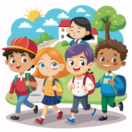 Happy kids walking to school with backpacks on a sunny day.のイラスト素材