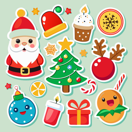 Cute Christmas sticker set with Santa, tree, reindeer, ornament and more.のイラスト素材