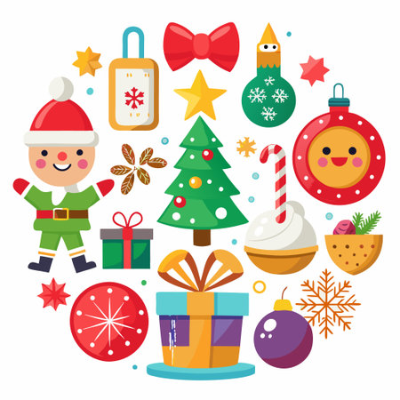 Christmas elements circle, red, green, and gold color theme.のイラスト素材