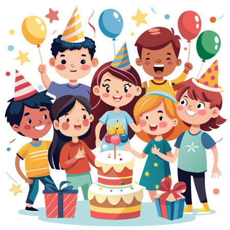 Happy children celebrating a birthday with cake, presents, and balloons.のイラスト素材