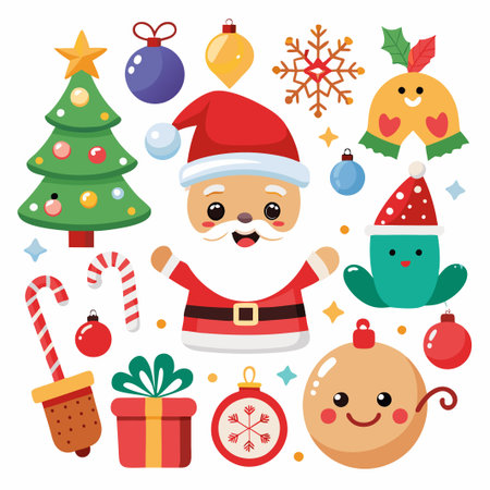 Cute Christmas icons set including Santa Claus, Christmas tree, ornaments, gift, candy canes and snowflake.のイラスト素材