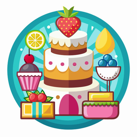 Sweet  desserts with a cupcake, cake, and a fruit platter, arranged in a circle.