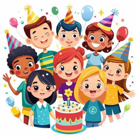 Diverse group of happy kids celebrating a birthday with a cake and balloons.のイラスト素材