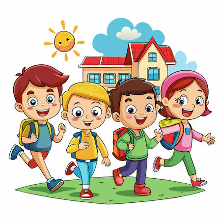 Happy kids walking to school with backpacks.のイラスト素材