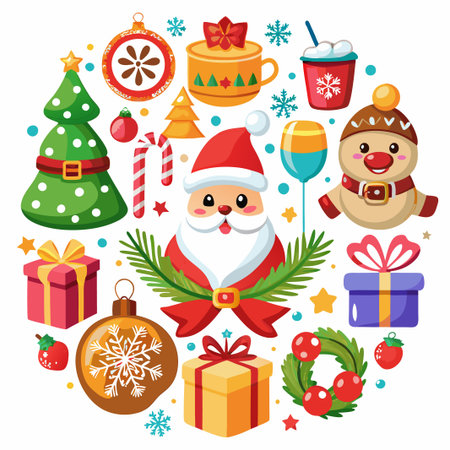 Festive Christmas elements with Santa, gifts, and a snowman.のイラスト素材