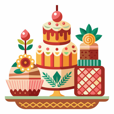 Three colorful cakes on a platter.
