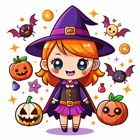 Cute witch character with pumpkins and bats on white background.のイラスト素材