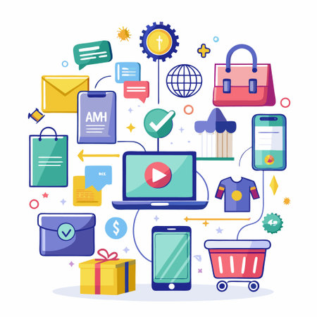 Online shopping concept with colorful icons of cart, gift, smartphone, laptop, envelope, and many more.のイラスト素材