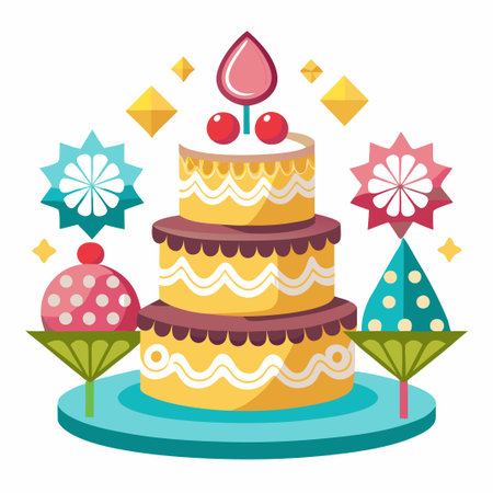 Three-tier cake with cherry, candle and decorated with stars and flowers.