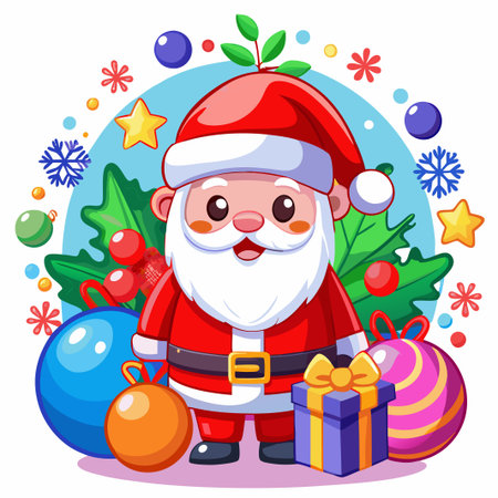 Jolly Santa Claus with presents and ornaments.のイラスト素材