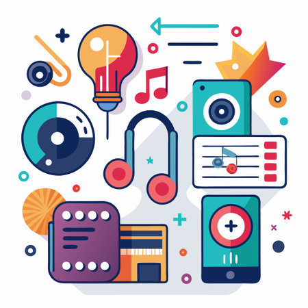 Colorful Flat Design Icons for Music, Media, and Technology.のイラスト素材