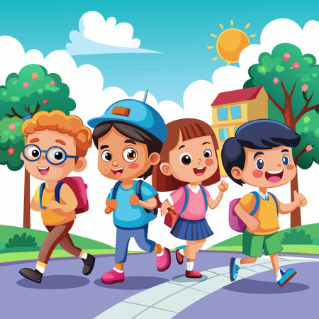 Happy school children walking home with backpacks on a sunny day.のイラスト素材