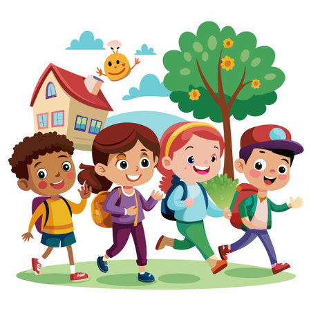 Four happy children with backpacks walking to school.のイラスト素材