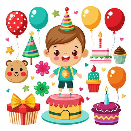 Boy celebrating his birthday with cake, balloons, gift, and cupcakes.のイラスト素材
