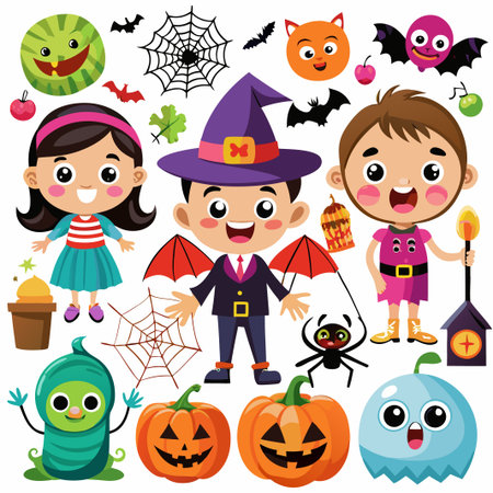 Cute Halloween characters and objects like pumpkins, bats, and spider.のイラスト素材