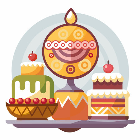 Colorful decorated cakes on a tray with cherry toppings.のイラスト素材