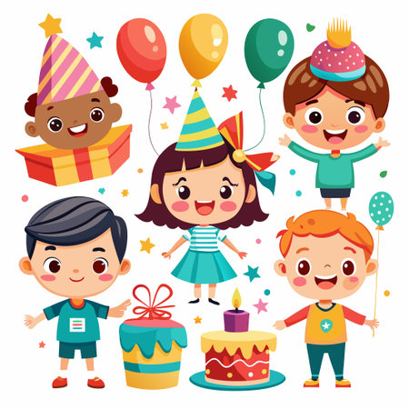 Happy kids celebrating birthday with cake, balloons and gifts.のイラスト素材