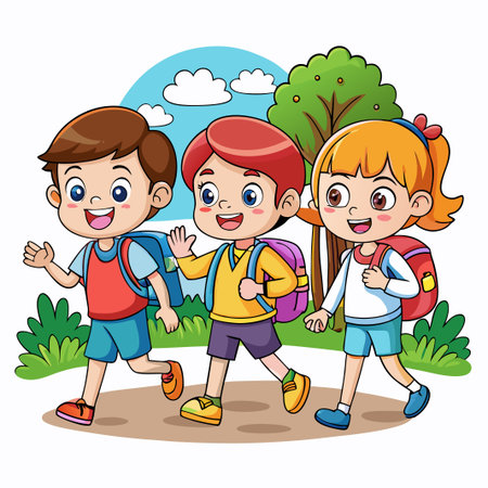 Three cheerful kids walking with backpacks.のイラスト素材