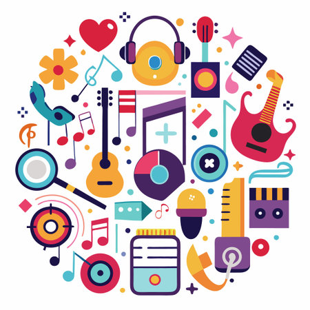 Colorful music and audio equipment icons in a circle.のイラスト素材