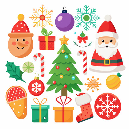 Christmas icons set with ornaments, Santa Claus, Christmas tree, snowman and gifts.のイラスト素材
